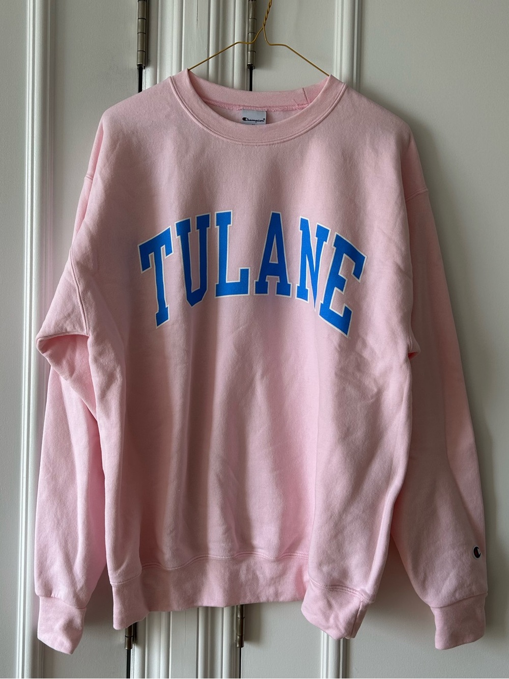 Champion Pink Crewneck with Blue Tulane Lettering